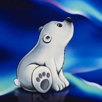 Preview: Samt Chenille Kissenpanel mit vier Eisbären im Nordlicht, Nachtblau